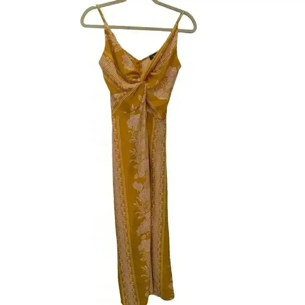 TIMING Womens Sleeveless V Neck Zip Polyester Floral Maxi Dress Yellow S